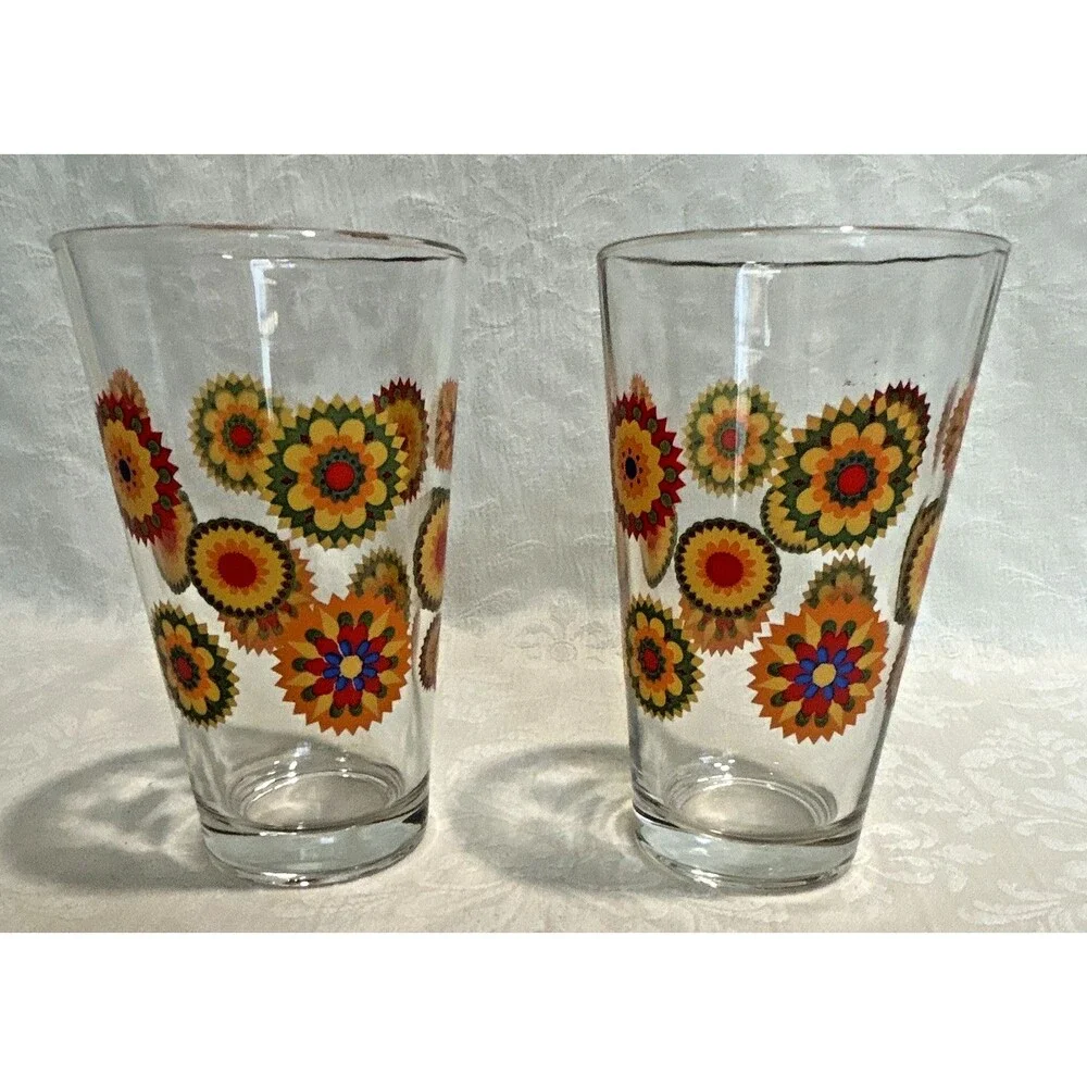 Vintage Pasabahce MCM Kaleidoscope 12oz Tumbler Glasses Set of 2 Retro 70s 5.5